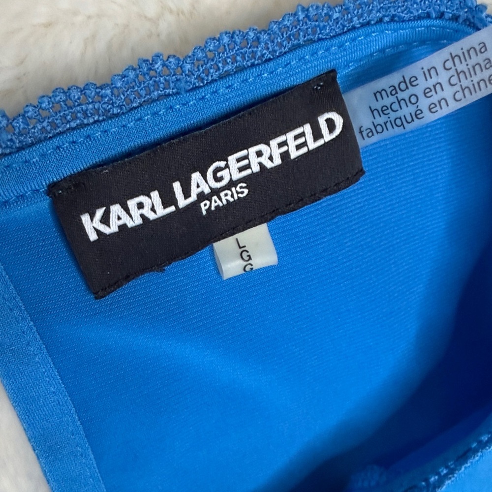 Karl Lagerfeld Vibrant Blue Lace Women's Blouse Size L Pearl Button Designer - Picture 3 of 9